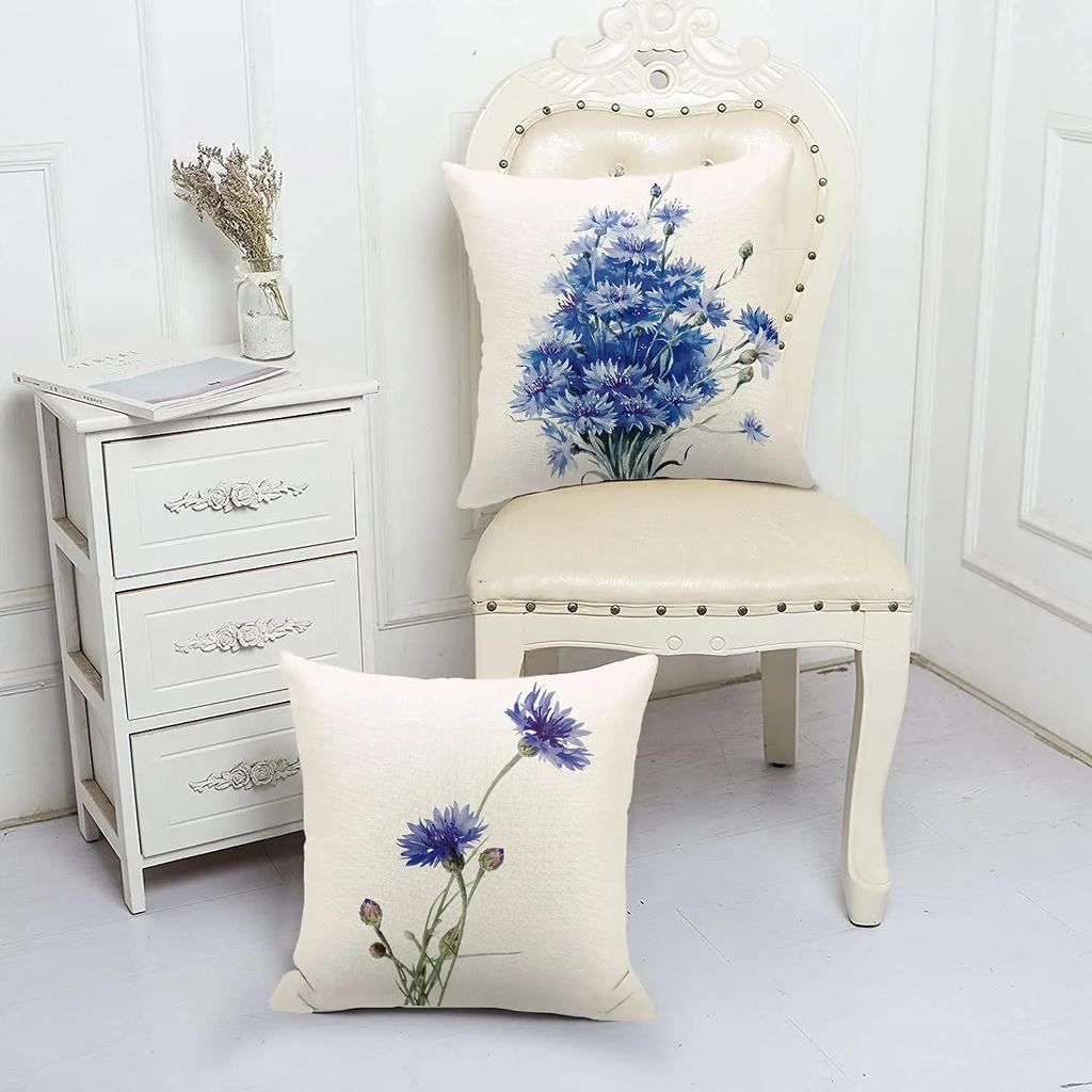Modern Blue Watercolor Flower Linen Pillowcase Sofa Cushion Cover Home Decoration Can Be Customized for You 40x40 50x50 45x45