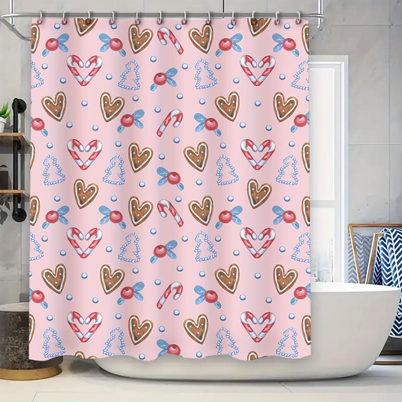 Bathroom Shower Curtain Set with Candy Cane Pattern for Christmas Decorations Pink Waterproof Fabric for Bathrooms