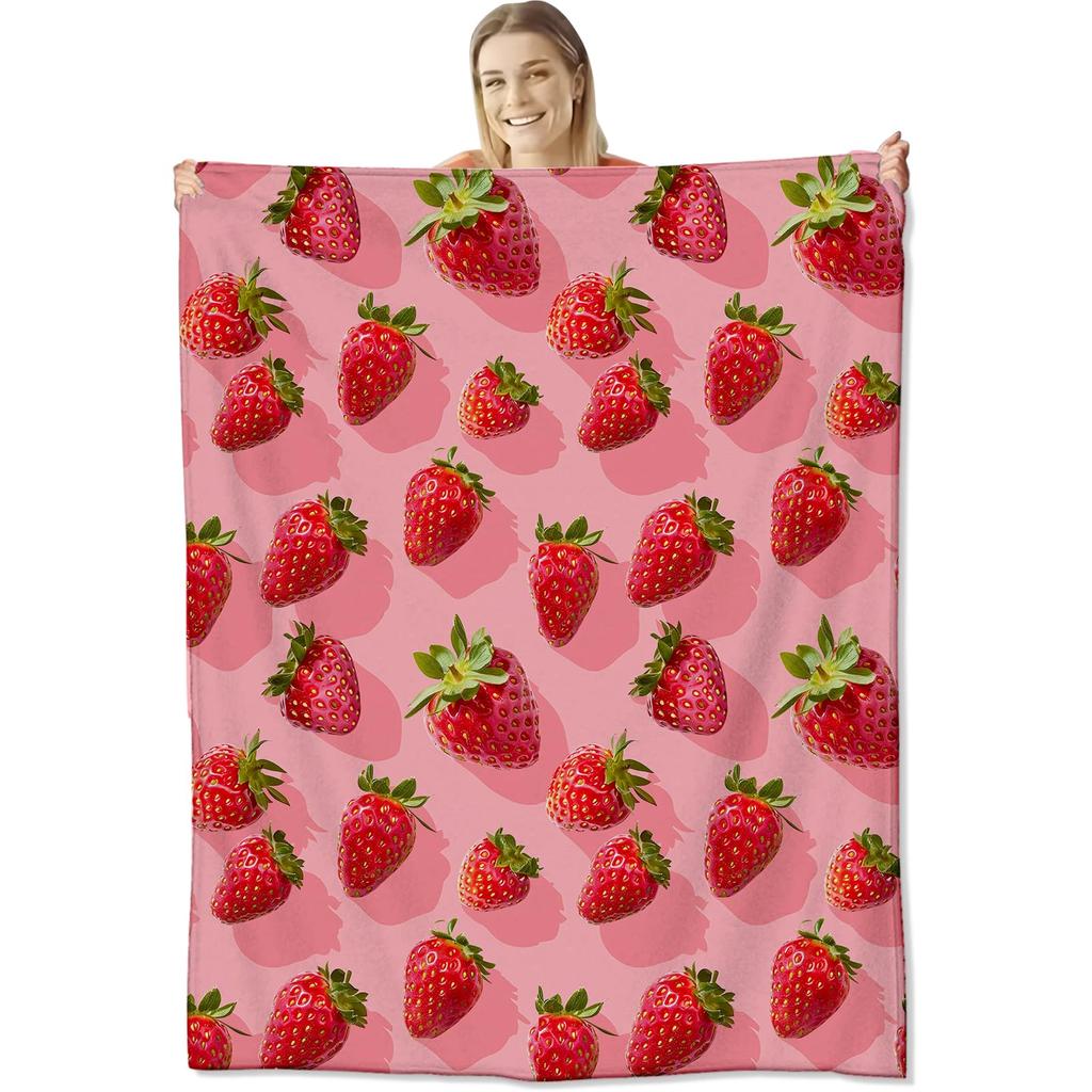 Cute Strawberry Blanket, Plush Soft Warm Flannel Sweet Fruit Throw Blanket for Couch, Travel, Bed, Outdoor, Gift for Teen Adult