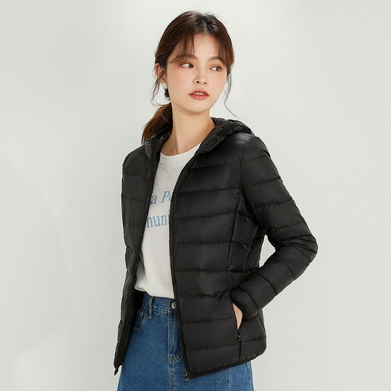 Womens Lightweight Short Down Jacket With Hood 90% White Duck Slim Fit Winter