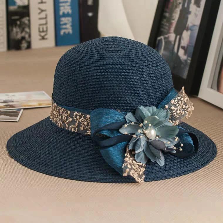 WTEMPO Women Travel Beach Breathable Lace Ribbon Flower Sun Hats Wide Brim Solid Color Spring Summer Foldable Sunscreen Hats