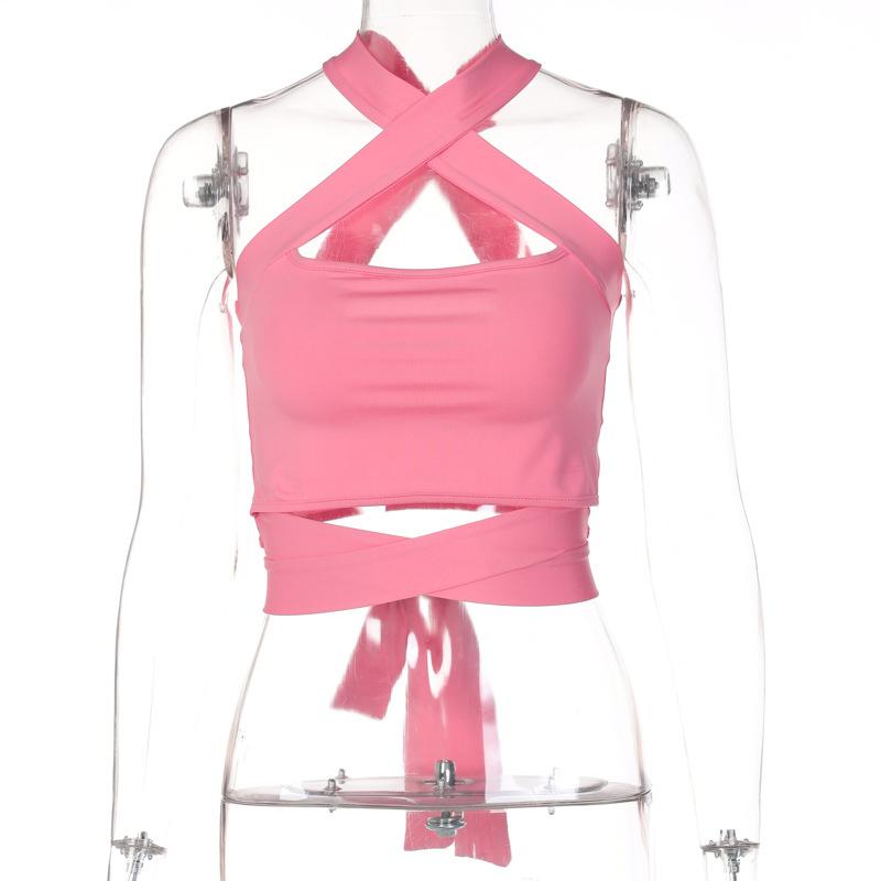 Cross Halter Women Tank Crop Top Hollow Out Bandage Backless Slim Sexy Female Vest 2023 Summer Fashion Ladies Pink Ladies Corset