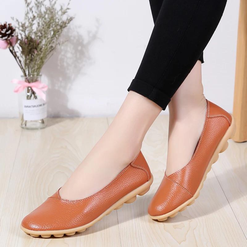 Women's Ladies Female Woman Shoes Flats Mother Shoes Cow Genuine Leather Loafers Ballerina Non Slip On Ballet