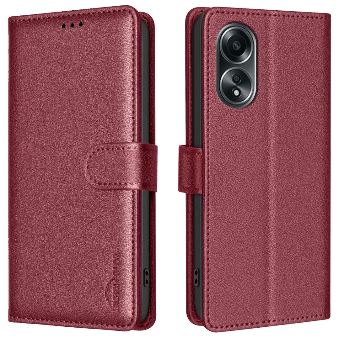 

BINFEN COLOR BF32 For Oppo A58 4G Anti-Scratch Cell Phone Case Litchi Texture RFID Blocking Leather Phone Cover Red