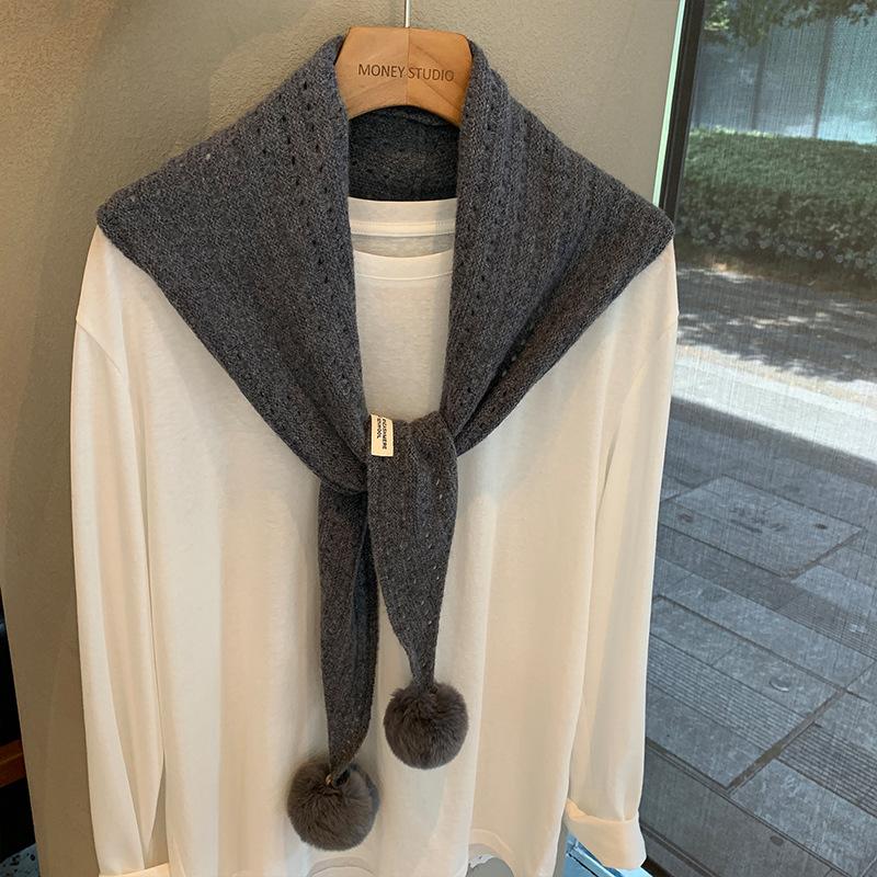 Scarf autumn and winter hairball triangle scarf women s fashion hollow wool stacked wear versatile high-end scarf shawl dual-purpose