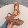 Wedge heel sandals women's summer new hollow flower thick sole one-word sandals beach women's sandals