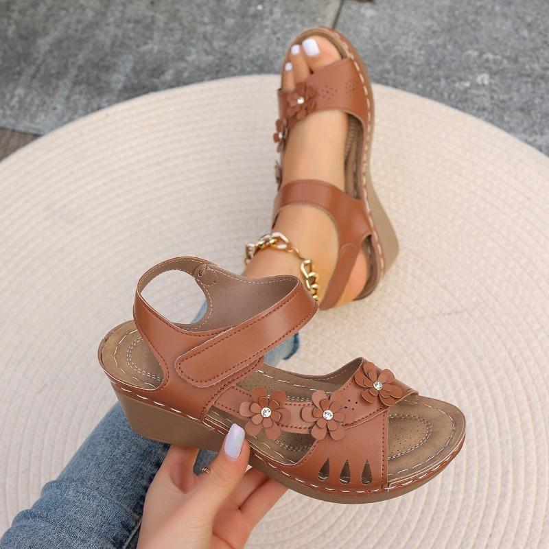 Wedge heel sandals women's summer new hollow flower thick sole one-word sandals beach women's sandals
