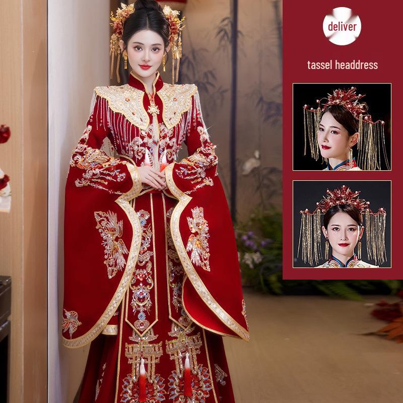 2025 Plus Size Xiuhe Dress with Phoenix Crown & Xiapei - Chinese Wedding Toasting Gown