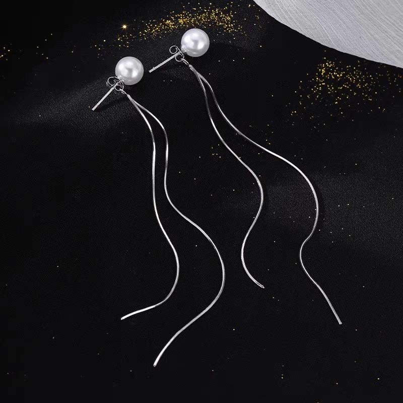S925 Sterling Silver Korean-Style Pearl Tassel Long Drop Earrings for Women 925 Silver