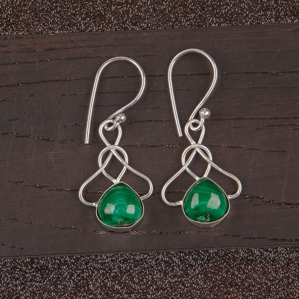 Natural Malachite Gemstone 925 Sterling Silver Handmade Earrings 1.50" For Women EE-2-29