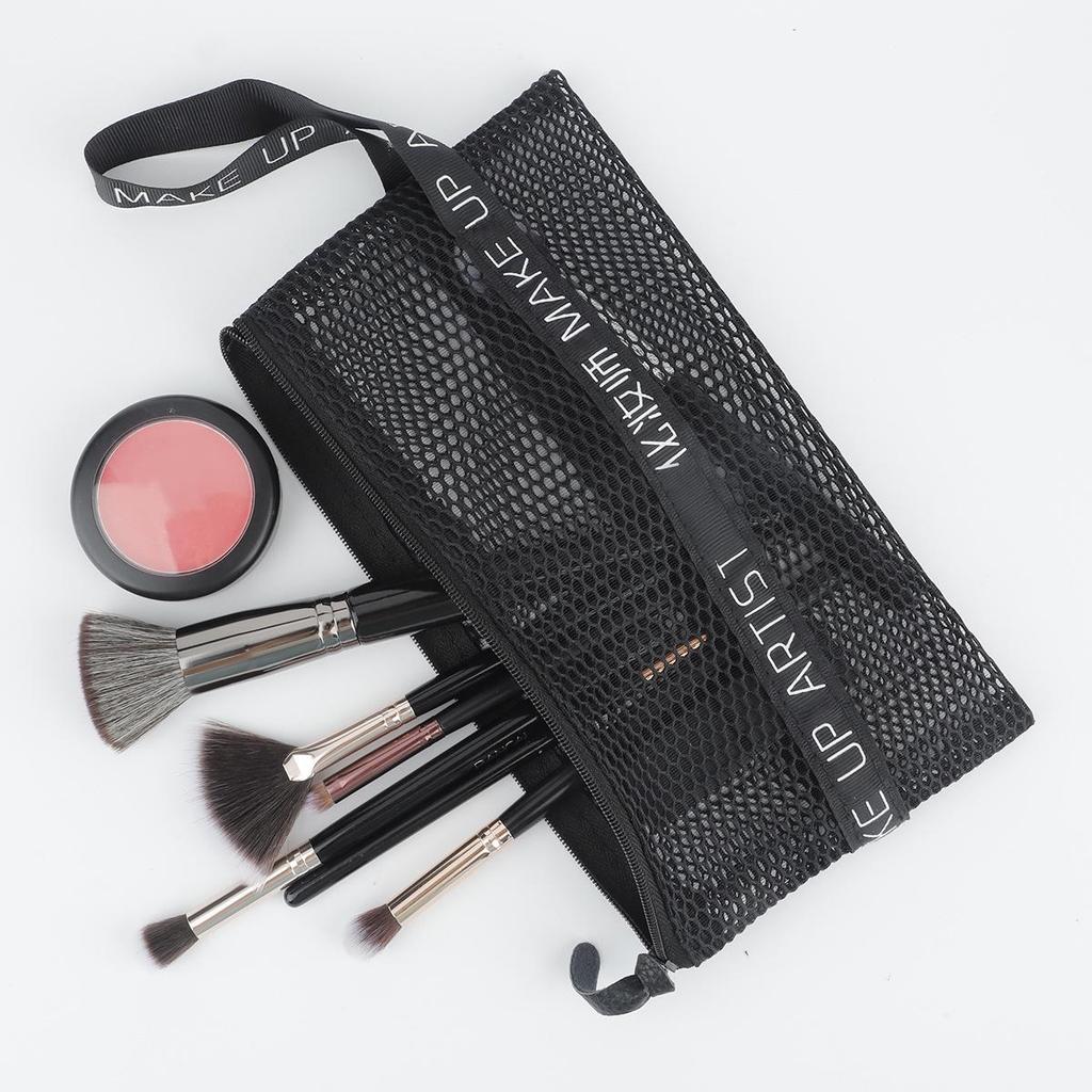 Stylish large makeup brush bag with transparent breathable mesh for portable storage.