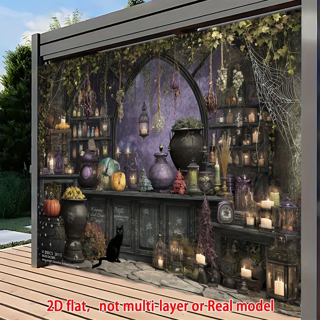 A 2D Flat Party Banner, Showcasing a Halloween Witch Kitchen Theme, with a Photography Background and the Party Scene