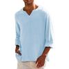 Mens Linen Cotton V-Neck Shirt - Breathable Comfortable Solid Color Long Sleeve Casual Loose Fit Hawaiian Style Blouse