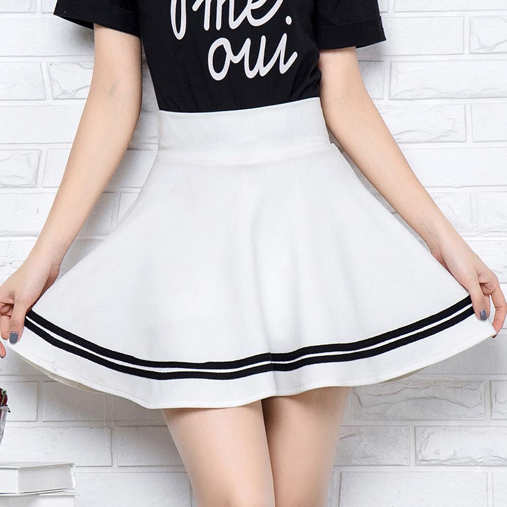 Fashion Womenswear Women Stripes Pleated Stretchy Pure Color High Waist School Mini Skirt