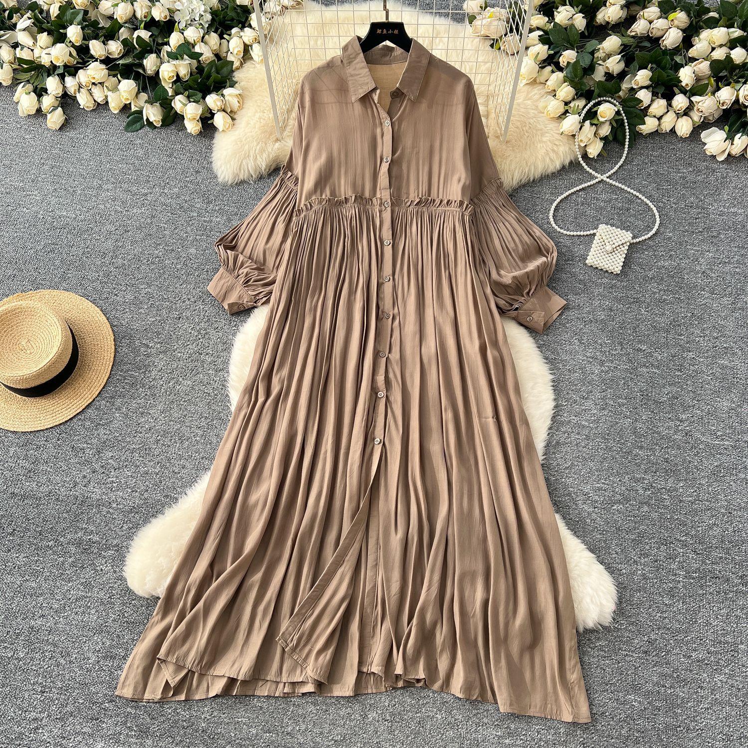 

Женские весенние винтажные свободные платья женские с рукавами-фонариками и отложным воротником однобортные повседневные складчатые длинные платья one size хаки