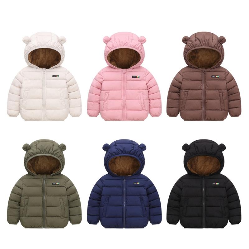 

1-6 Years Kids Winter Warm Hooded Coat Windproof Fleece Zipper Jacket Thickened Cotton Outwear 90