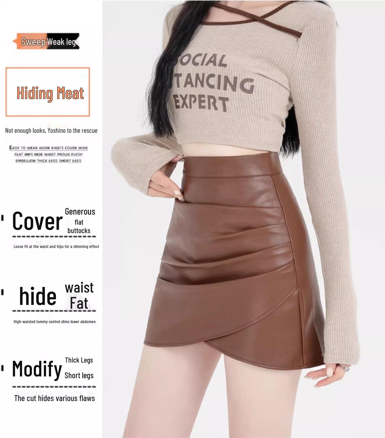 

Женская юбка А-силуэта из плиссированной кожи с высокой талией большого размера - Приталенная, с неровным подолом, подходит для осени/зимы S