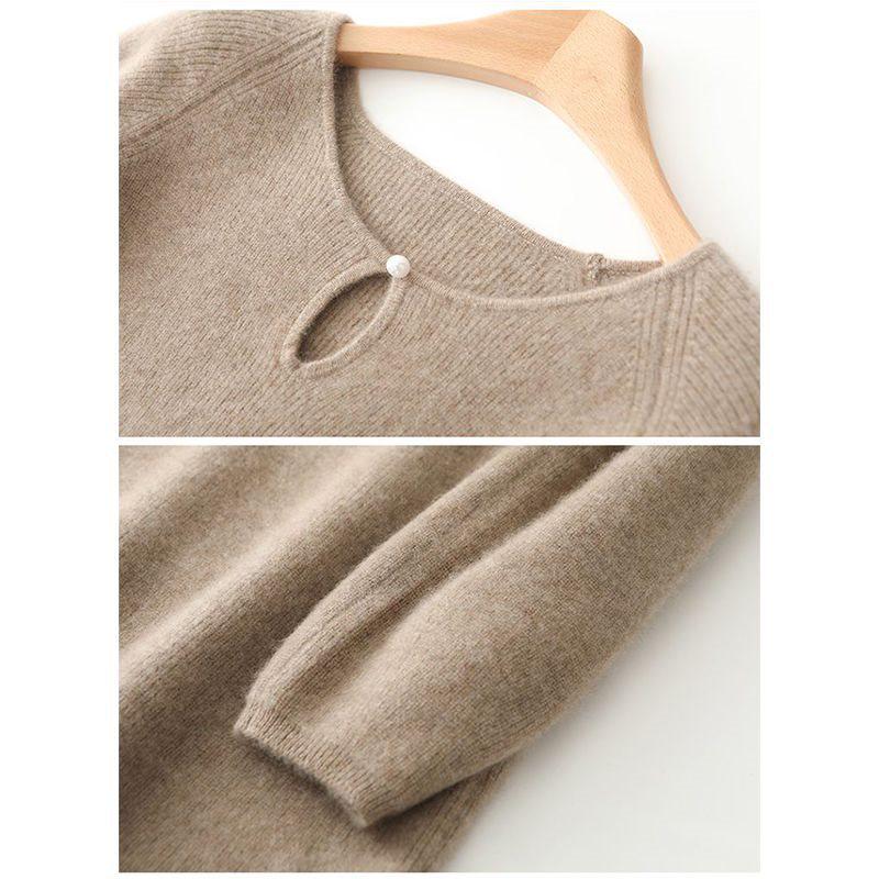 Solid Color Knitted Sweater Dress - Round Neck, Mid-Length, Loose Fit, Slimming, Fashionable for Spring and Autumn