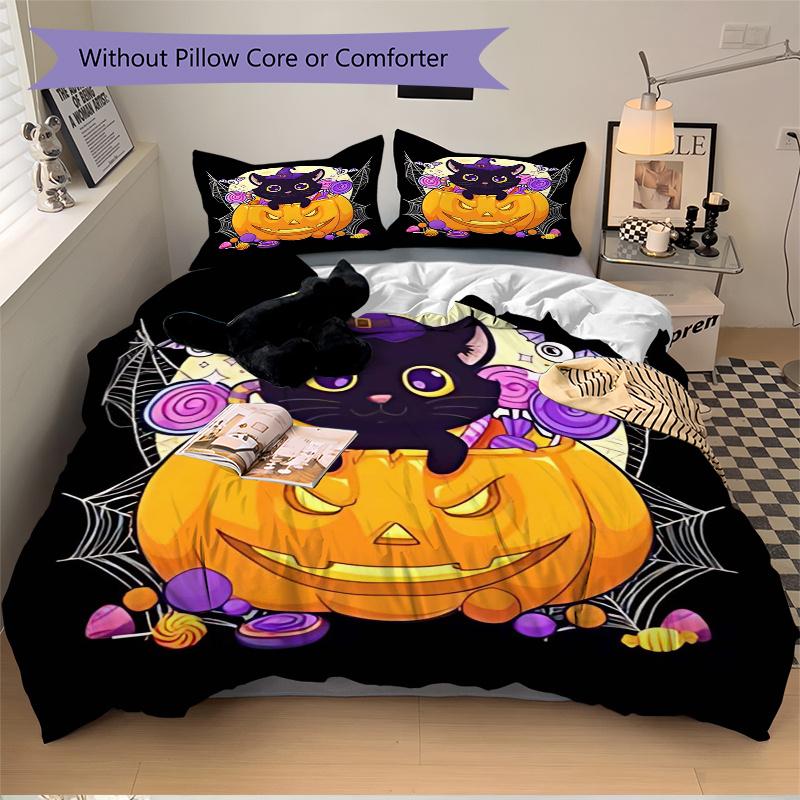 3pcs Cartoon Cat & Pumpkin Trick or Treat Print Bedding Set (1 Cover + 2 Pillowcases, Without Inserts), This Printed Bedding Set is Soft and