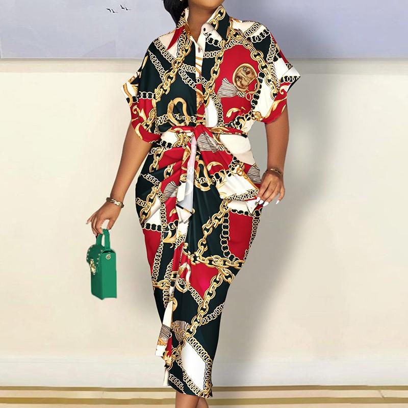 BITCED Women's Autumn Long Sleeve V-Neck Button Printed Shirt Dress Long Dress