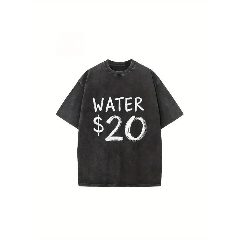 

European Size WomenS Vintage Washed Black Oversized T-Shirt with Bold Water 20 Print - Retro Street Style Loose Round Neck Top S чёрный