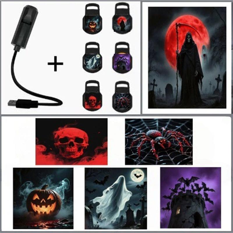 Креативный портативный светодиодный проекционный светильник, декоративная лампа для спальни, праздничная вечеринка, бар, USB-проекционный светильник: Смерть, Призрак, Ведьма, Скелет Узоры