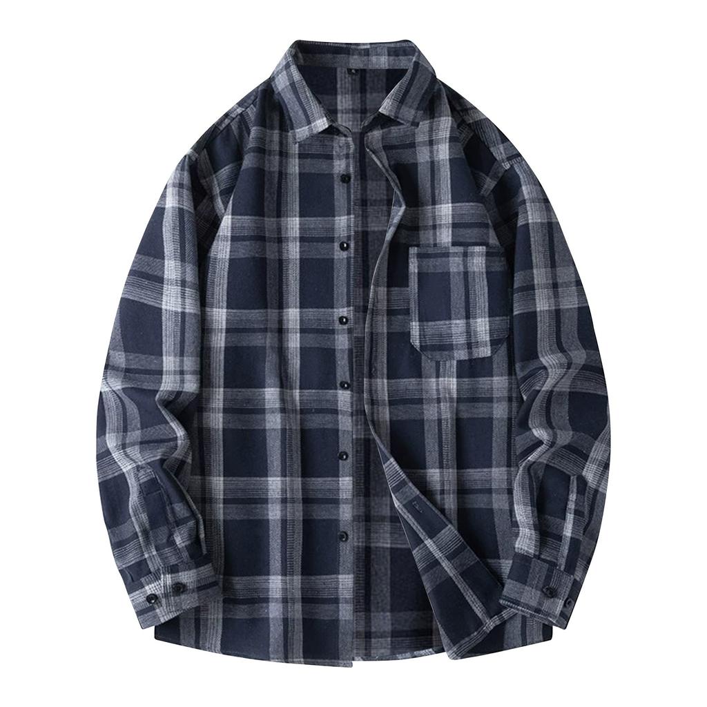 Men's Spring Plaid Fashion Loose Drop Shoulder Large Size Stand Collar Long Sleeve Shirt