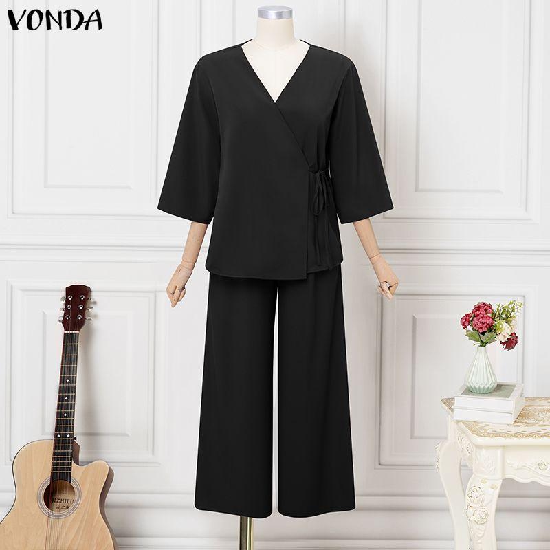 VONDA Women Sets Long Sleeve Side Cross Blouse and Pants Casual Two Piece Suit Sets