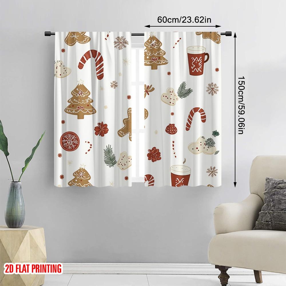 Set Of 2 Plane Printing Curtains Christmas Cookies Hot Chocolate Versatile Polyester Without Rod Sheer Made