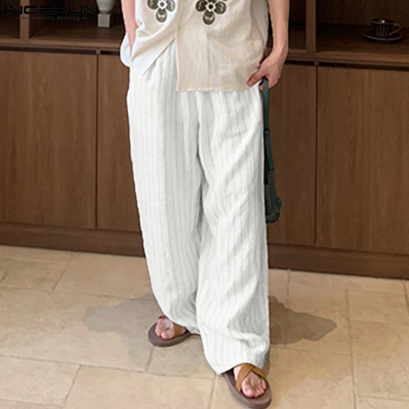 INCERUN Men Zip-up Waist Striped Casual Long Trousers Pants