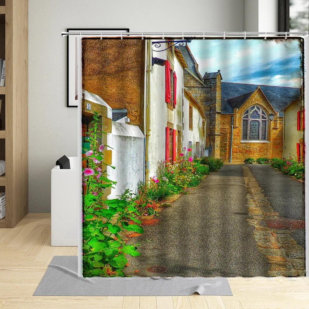 Greek Architecture Town Street View Shower Curtain Flower Window Door Bath Curtains Santorini Bathroom Decor Fabric With Hooks