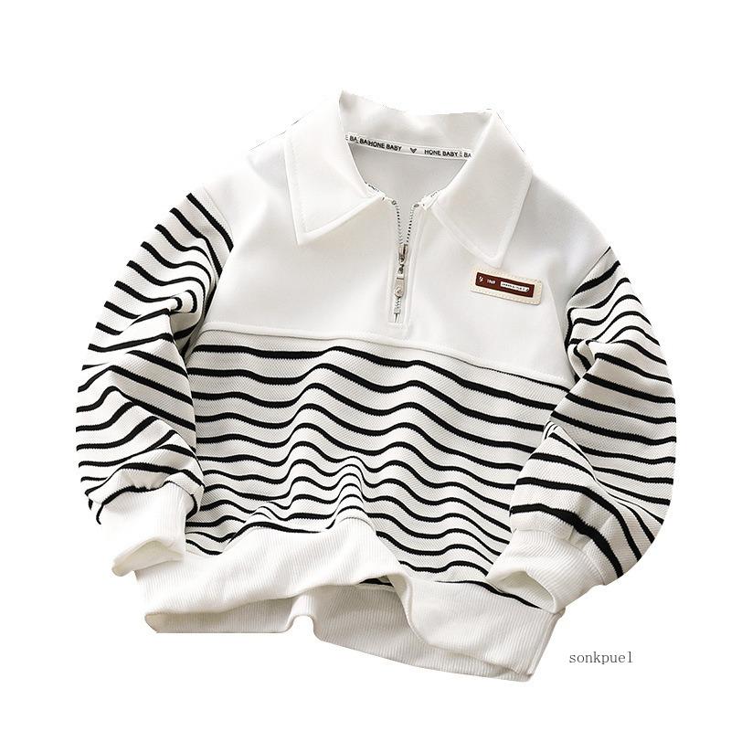 Spring Autumn Children's Sweatshirt Kids Boys' Half-zipper Sweatshirt Striped Lapel Middle and Big Children's Round Neck Tops