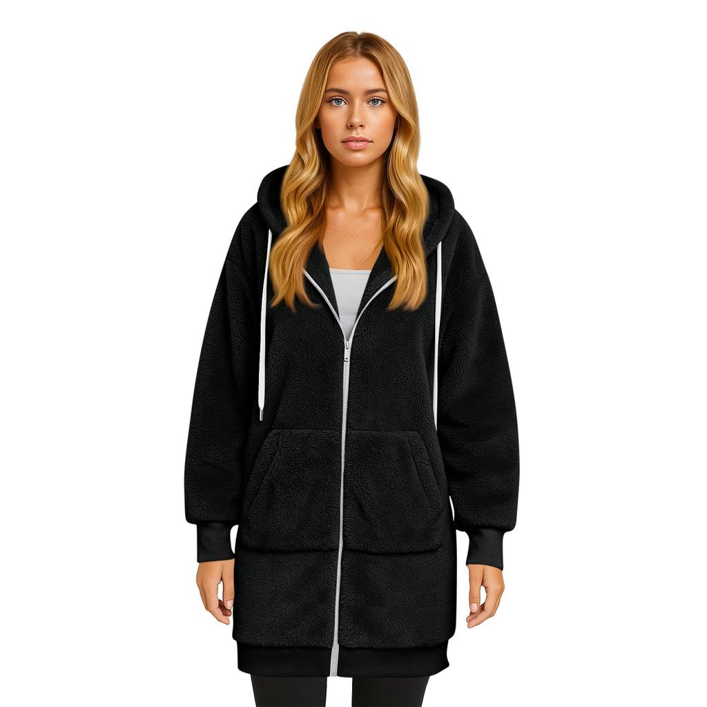 Women's Fashionable Coat Solid Color Long Sleeved Hooded Drawstring Pocket Zipper Long Warm Jackett