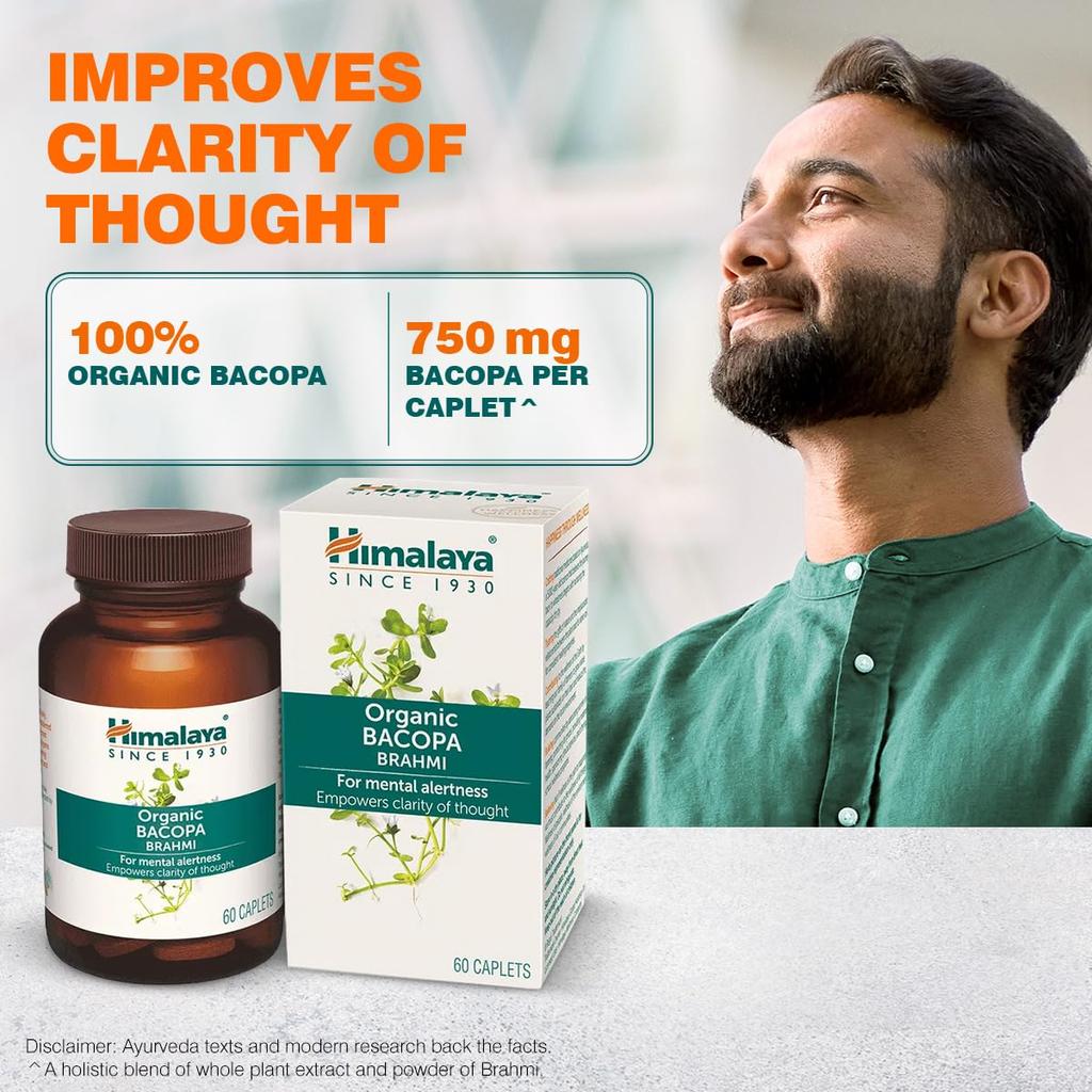 Himalaya Organic Bacopa (Brahmi) I For Mental Alertness I Improves Memory Score by 30%* I 100% Natural I Pack of 3 X 30 Capletsp