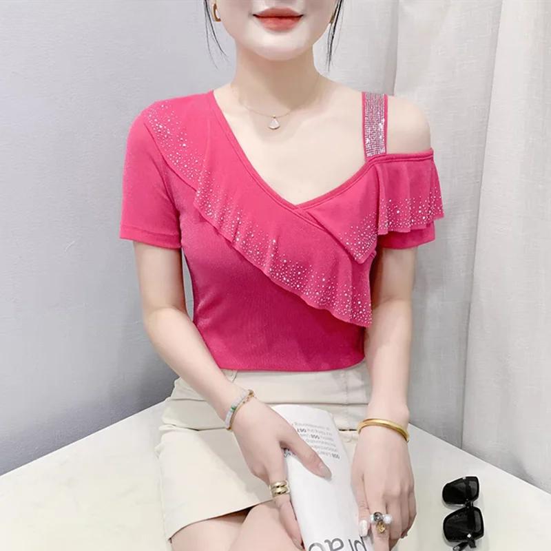 

Women Ruffles Bling Hot Diamonds Mesh T-Shirt Sexy Skew Collar Off Shoulder Tees Summer Hollow Out Slim Tops 3XL чорний