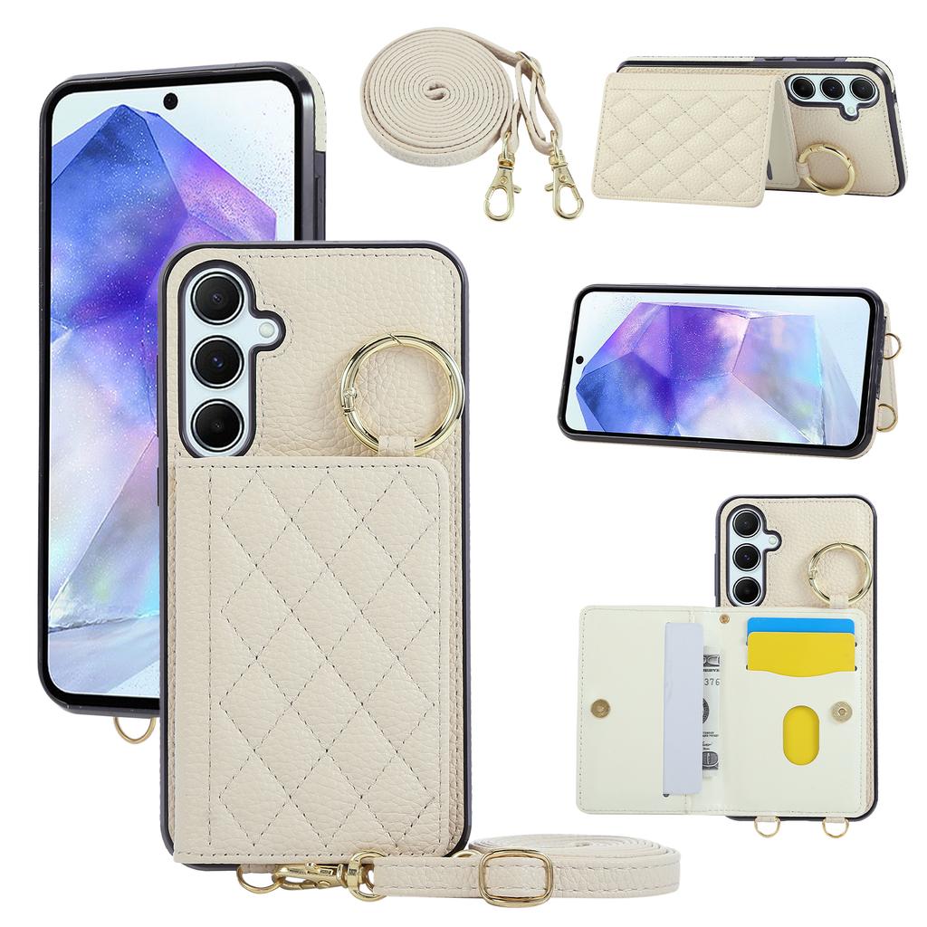For Samsung Galaxy S25+/S24+ Case Kickstand Rhombus Leather+TPU Phone Cover with Shoulder Strap