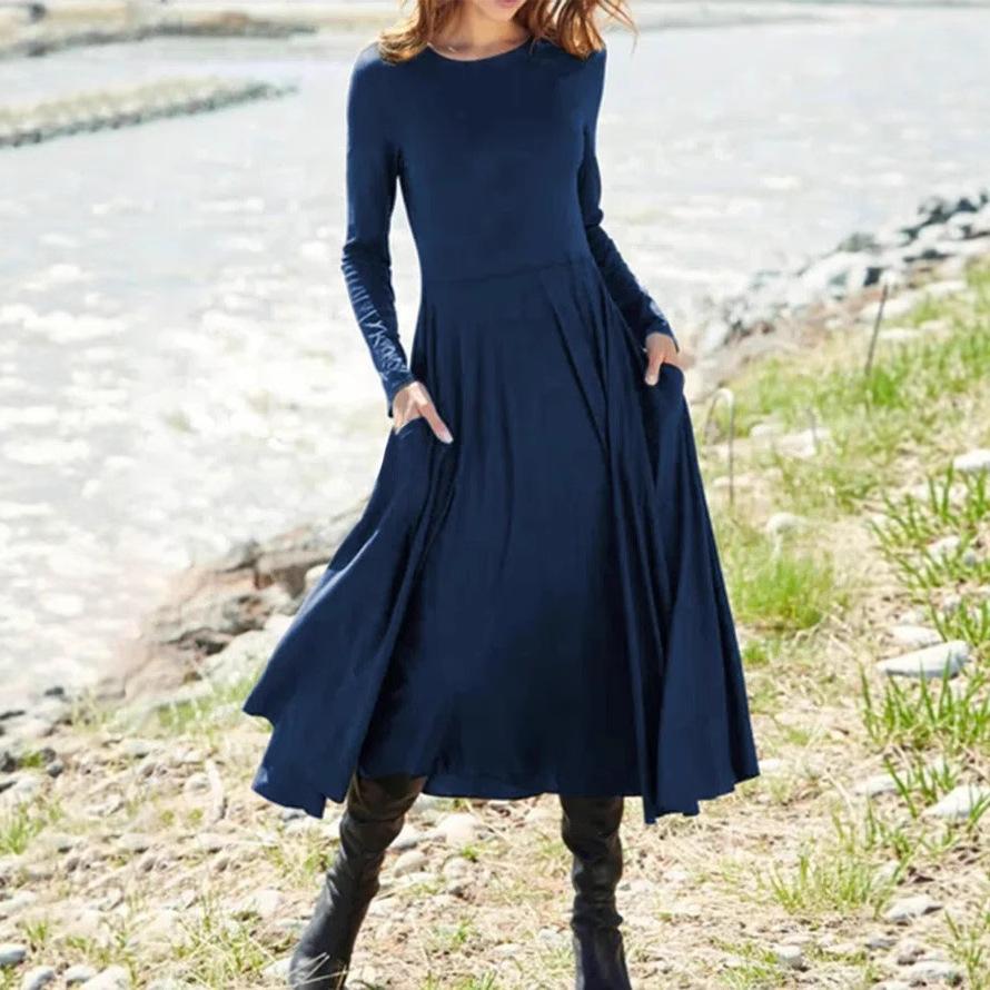 Women'S New European And American Wish Long-Sleeved Crew Neck Solid Color Long Women'S Dress