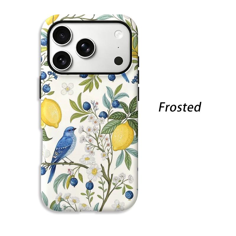 Botanical Blue Bird Lemon Blueberry Floral Art Film Aesthetic Protective Shockproof Bumper Phone Case Cover For iPhone 14 15 16 17 Pro Max Plus