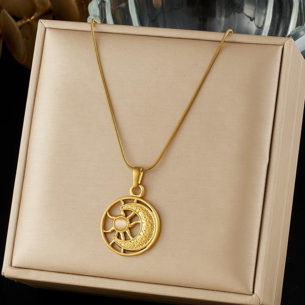 DIEYURO 316L Stainless Steel Golden Round Hollow Sun Moon Inlay Cat Eye Stone Pendant Necklace Women Classic Neck Chain Jewelry