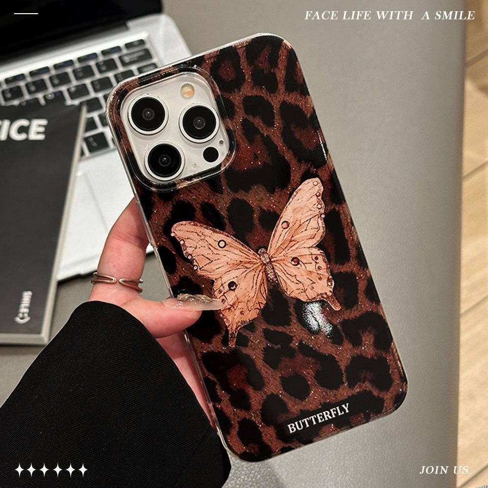Retro Flash Butterfly Epoxy Glitter Suitable for Apple 17promax Mobile Phone Case Leopard Print iPhone16 Protective Case 15