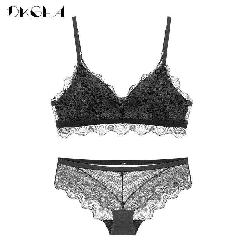 

DKGEA Wire Free Бюстгальтер и трусики Комплект кружевного тонкого женского нижнего белья Сексуальное 80B чёрный