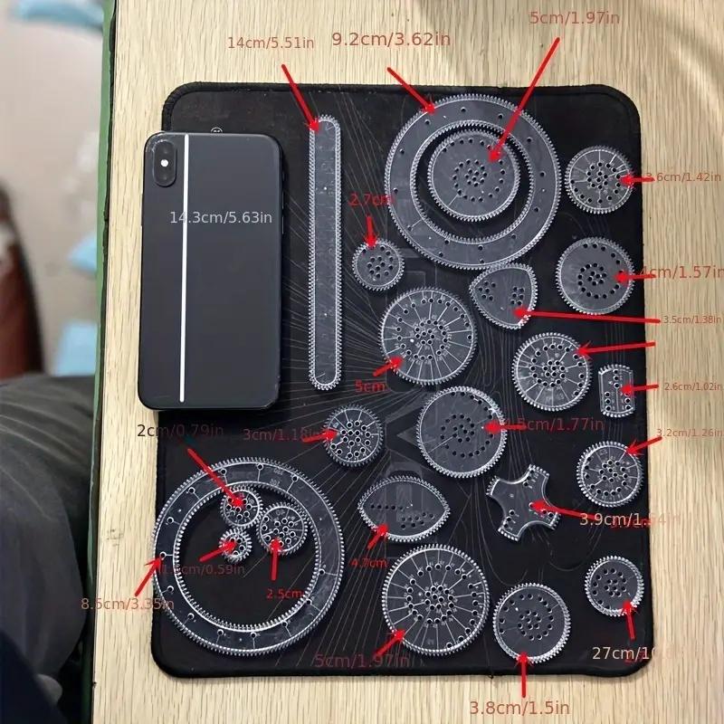 22-Pc Gear Drawing Ruler Set for Intricate Designs on Black Paper, with Stencils & Marker, Durable PC