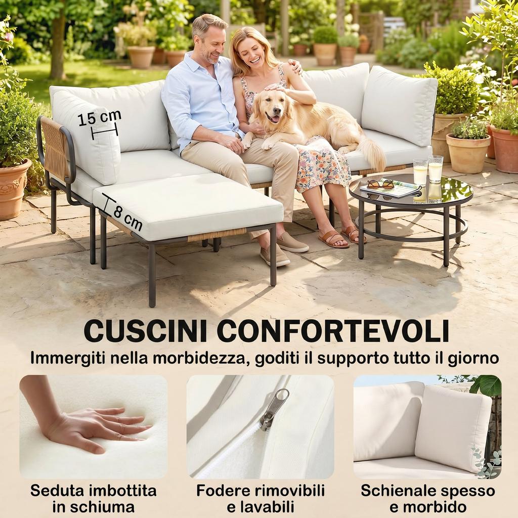 Garden Set 5 Pieces, Modular L Rattan with Cushions, Khaki Color
