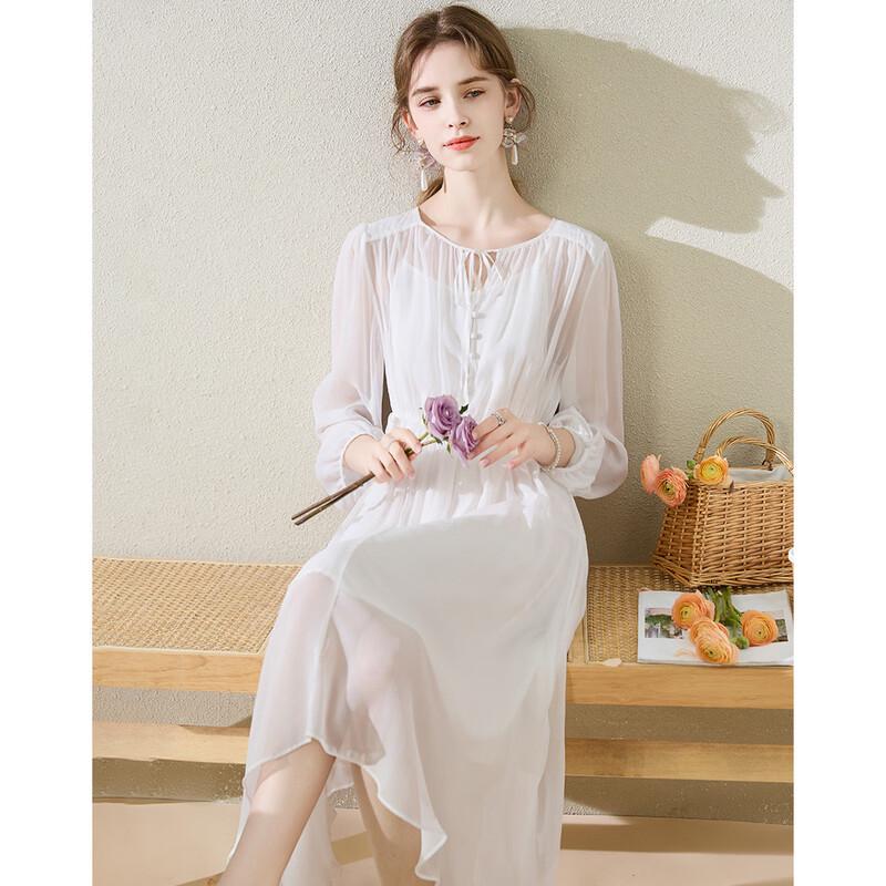 TUHUANG Women s Mulberry Silk Georgette Flowy Dress M
