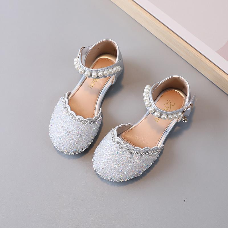 Mädchen Halbsandalen für Hochzeitsfeier Kinder Kristall Lederschuhe 2024 Frühling Sommer Kinder Sommerschuhe mit Perlen Prinzessin