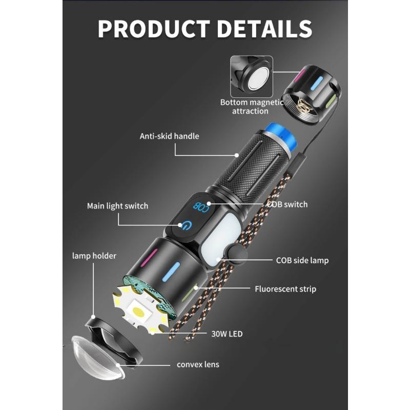 USB Oppladbar Lommelykt COB Sidelys Batteriindikator Teleskopisk Zoom Supersterk for Camping Fotturer Nødlys