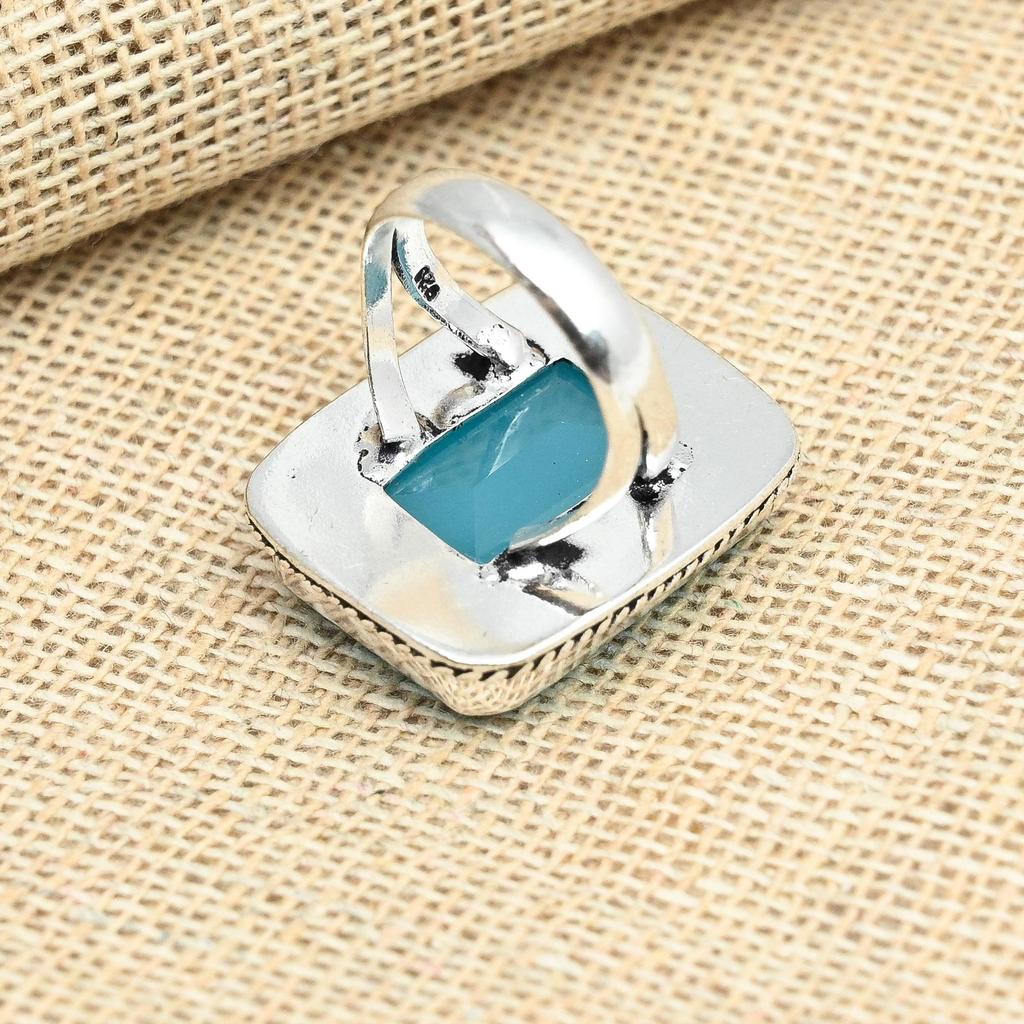 Aqua Chalcedony Gemstone 925 Sterling Silver Handmade Jewelry Design Ring For Her