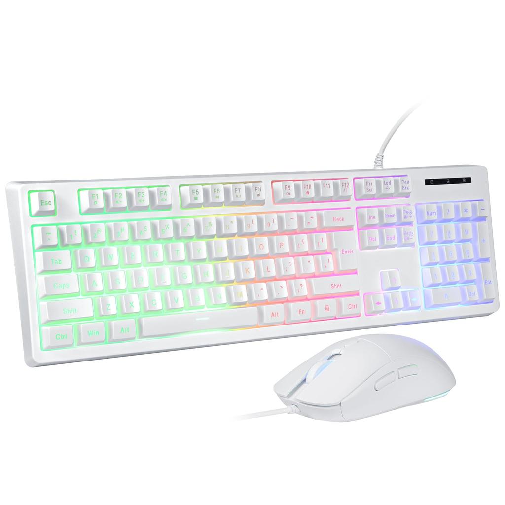 HUO JI Gaming Keyboard & Mouse Set, USB Wired, Membrane Keyboard with Mechanical-Style Keystrokes, Quiet Operation, RGB Backlight, Double-Molded