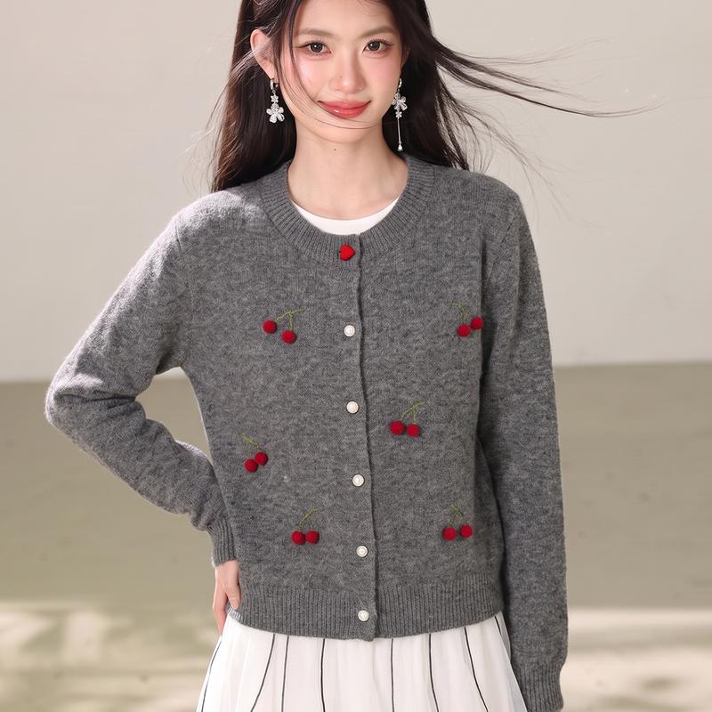 La Chapelle Women's Cherry Embroidery Knit Cardigan