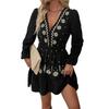Women's Fashionable Casual Embroidered Deep V-Neck Long-Sleeved Dress
